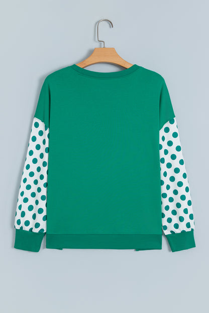 Khaki Polka Dot Patchwork Sleeve Crew Neck Loose Pullover Sweatshirt