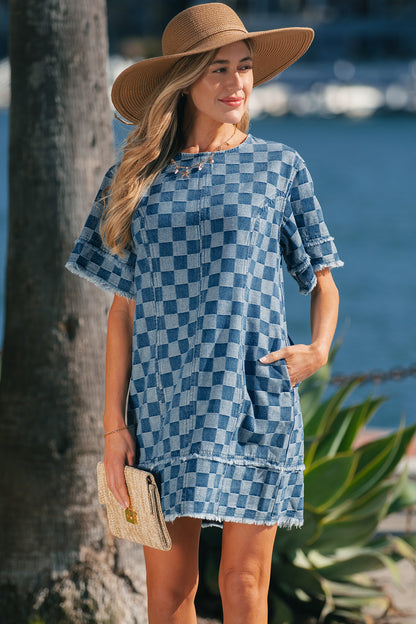 Sky Blue Frayed Hem Checkered Denim Mini Dress
