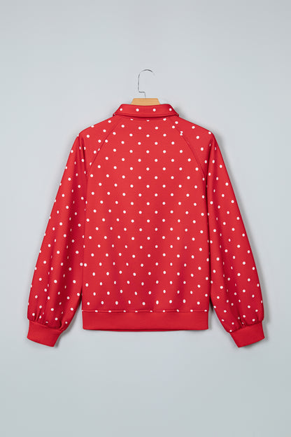 Pink Polka Dot Print Metal Button Collar Casual Pullover Sweatshirt