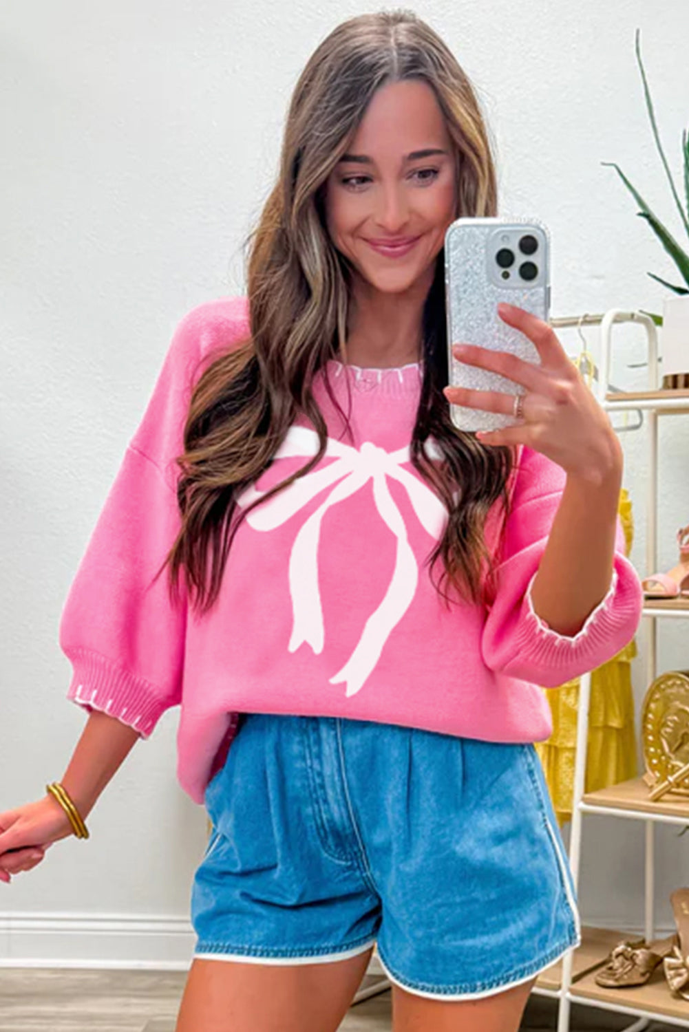 Sachet Pink Big Ribbon Bow Print Contrast Stitch Trim Drop Shoulder Sweater