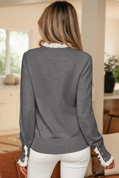 Jet Stream Lace Trim Patchwork Buttoned Cuffs Loose Sweater