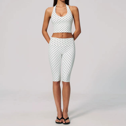 Women Polka Dot Breathable Yoga Set 2 Piece Workout Outfit High Waist Yoga Pants Spandex/Nylon Sports Running Fitness Tracksuit
