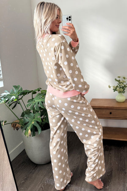 Pink Polka Dot Contrast Trim Long Sleeve Top Drawstring Shift Pants Set