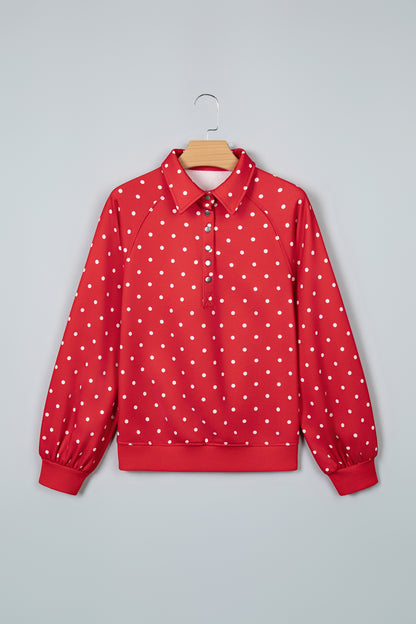 Pink Polka Dot Print Metal Button Collar Casual Pullover Sweatshirt