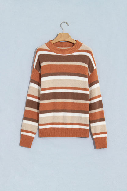 Brown Stripe Dropped Shoulder Loose Pullover Sweater
