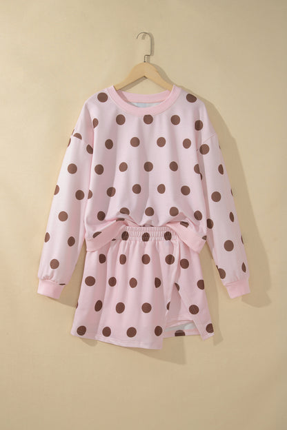 Pink Polka Dot Long Sleeve Top Split Skort Casual 2pcs Set