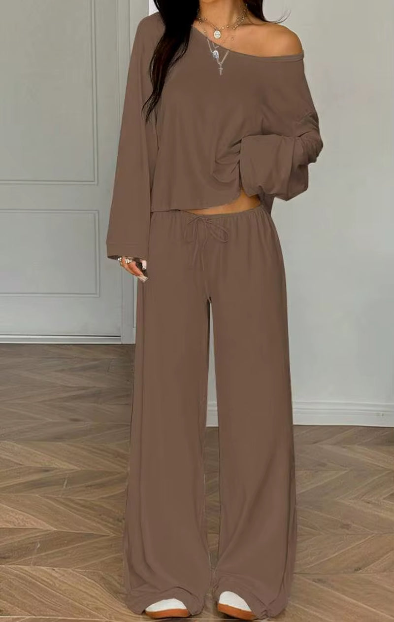 Women One Shoulder Crop Top Drawstring Wide Leg Pants Set Custom OEM Casual Sexy Loungewear Streetwear 2 Piece Outfits
