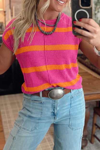 Brown Stripe Knit Western Short Sleeve Sweater