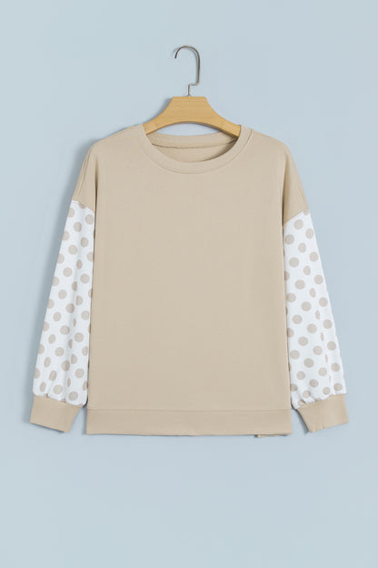 Khaki Polka Dot Patchwork Sleeve Crew Neck Loose Pullover Sweatshirt