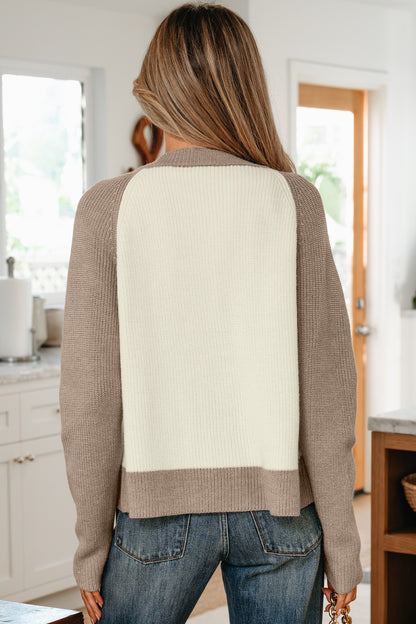 White Color Block Ribbed Knit Button Down Sweater Cardigan