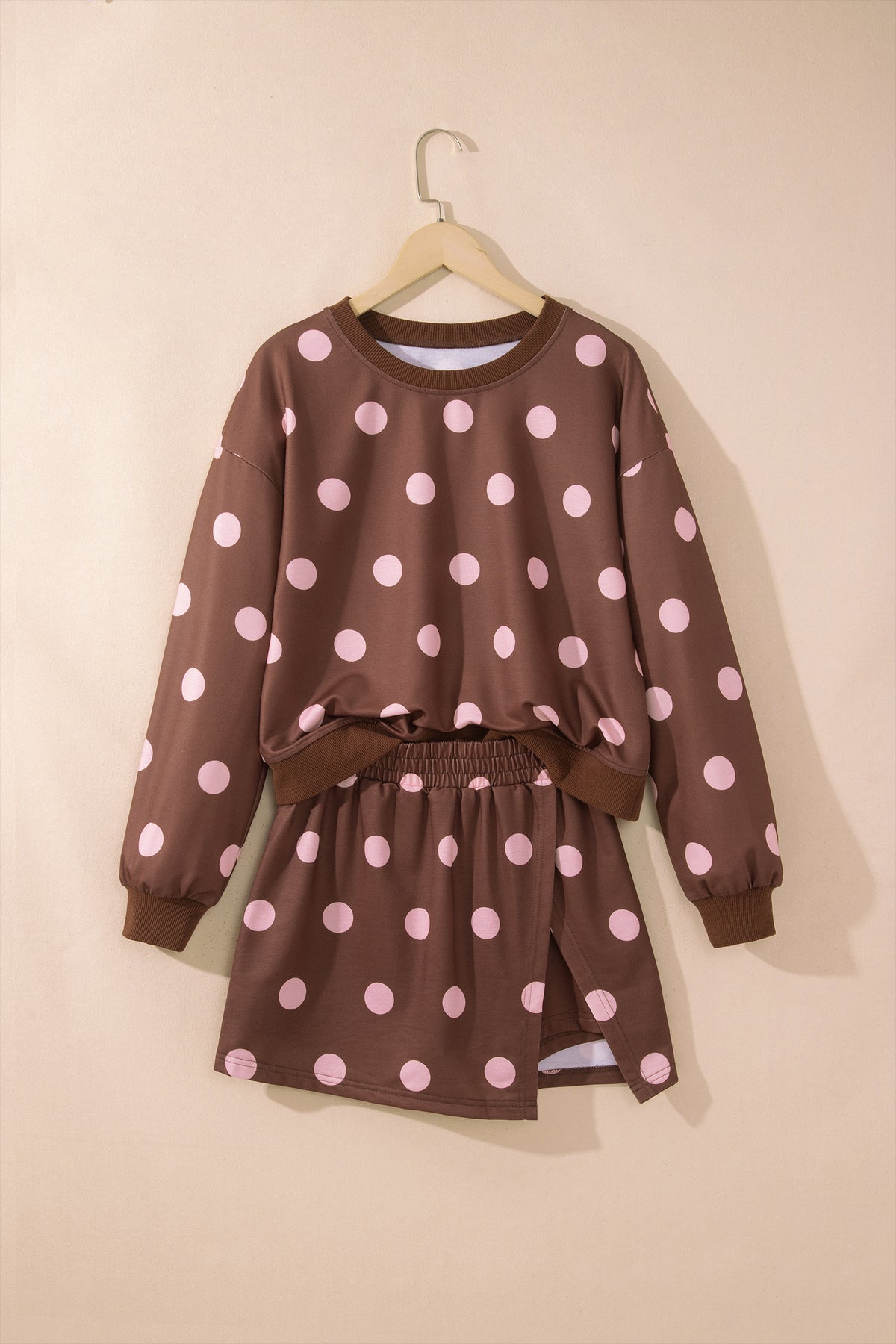 Pink Polka Dot Long Sleeve Top Split Skort Casual 2pcs Set