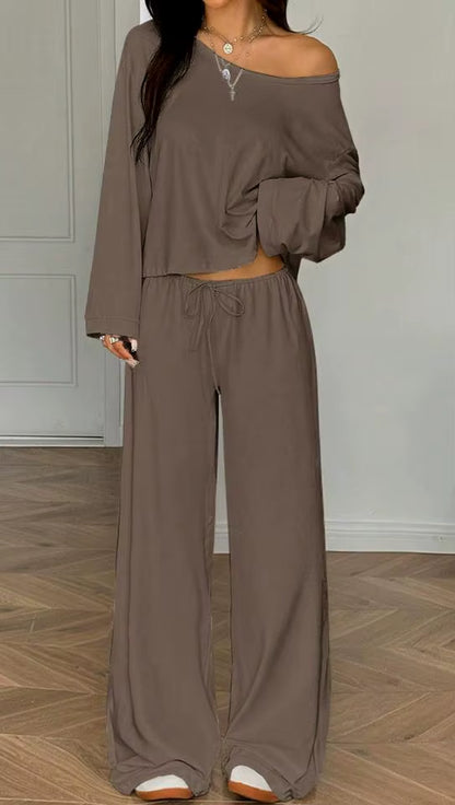 Women One Shoulder Crop Top Drawstring Wide Leg Pants Set Custom OEM Casual Sexy Loungewear Streetwear 2 Piece Outfits