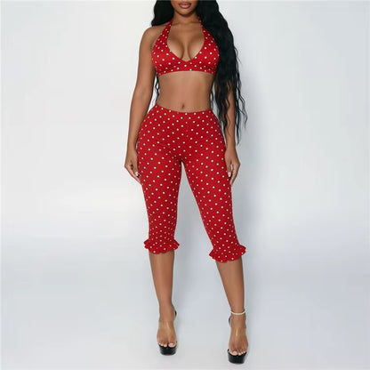 Hottie Polka Dot Print 2 Piece Sets Woman Sexy Halter Bandage Sleeveless Crop Tops and Ruched Capri Pants Trend Suits
