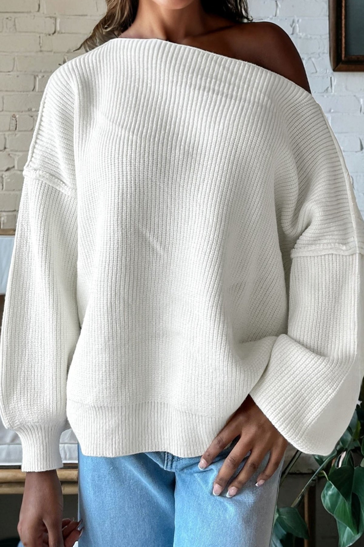 White Asymmetric Neck Drop Shoulder Baggy Slouchy Sweater