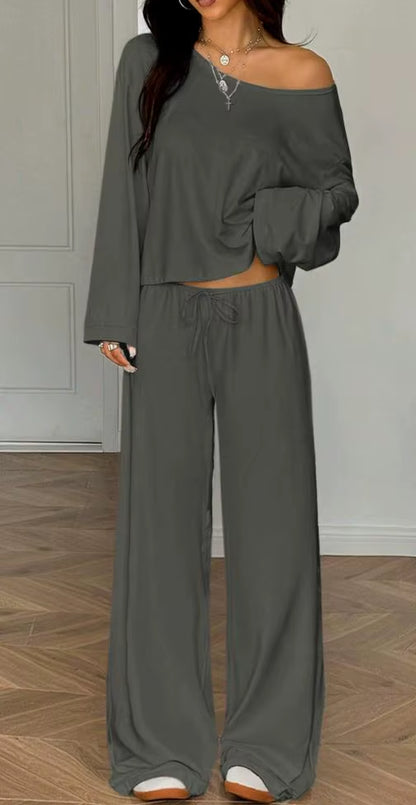 Women One Shoulder Crop Top Drawstring Wide Leg Pants Set Custom OEM Casual Sexy Loungewear Streetwear 2 Piece Outfits