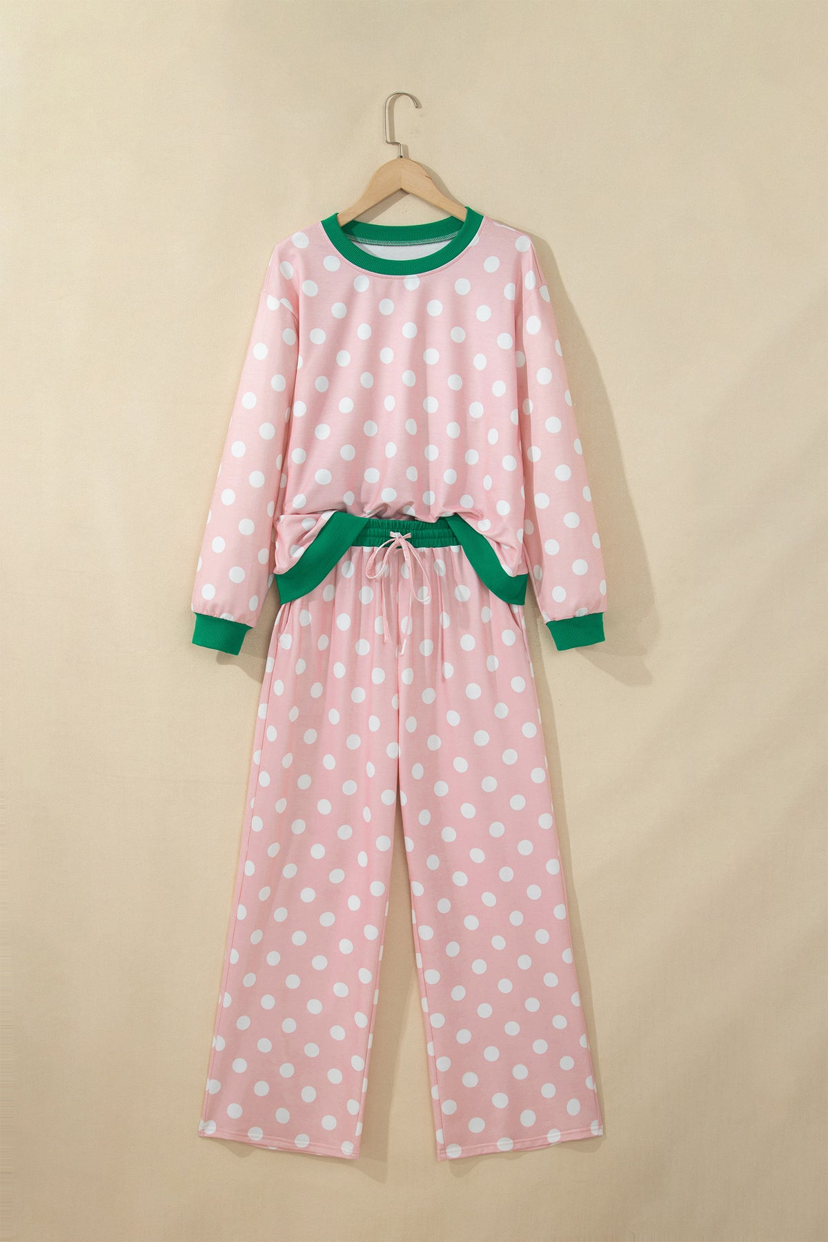 Pink Polka Dot Contrast Trim Long Sleeve Top Drawstring Shift Pants Set